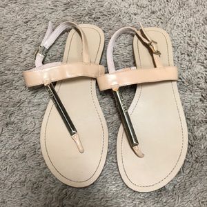 BCBG Nude Sandals Gold plated along strap up foot